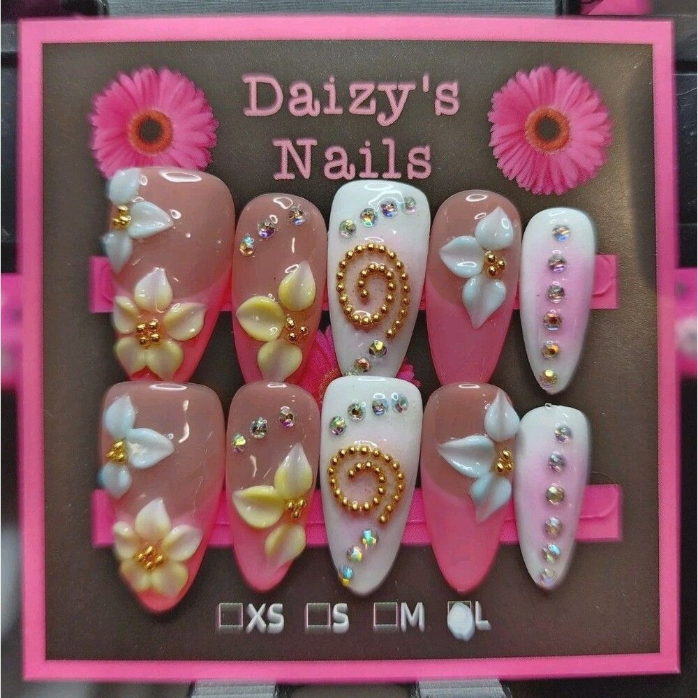 Large Size Press-on Nail 10Pc Set Handmade Almond 3D Pink Flower 2.5 Cm Length